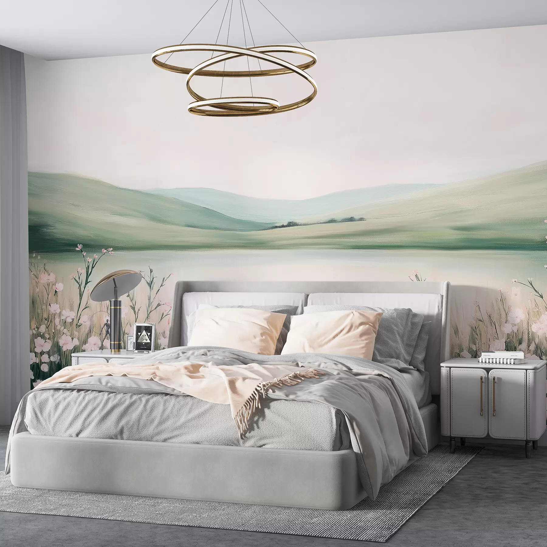 wall murals Цветна ливада, пејзаж природе, језеро, розе цвеће, зелена брда w01387