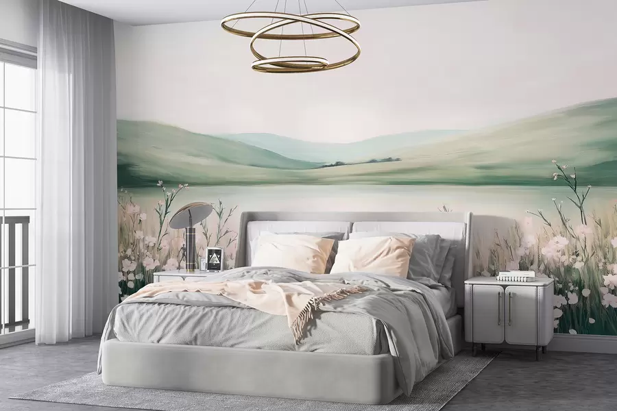 wall murals Цветна ливада, пејзаж природе, језеро, розе цвеће, зелена брда w01387