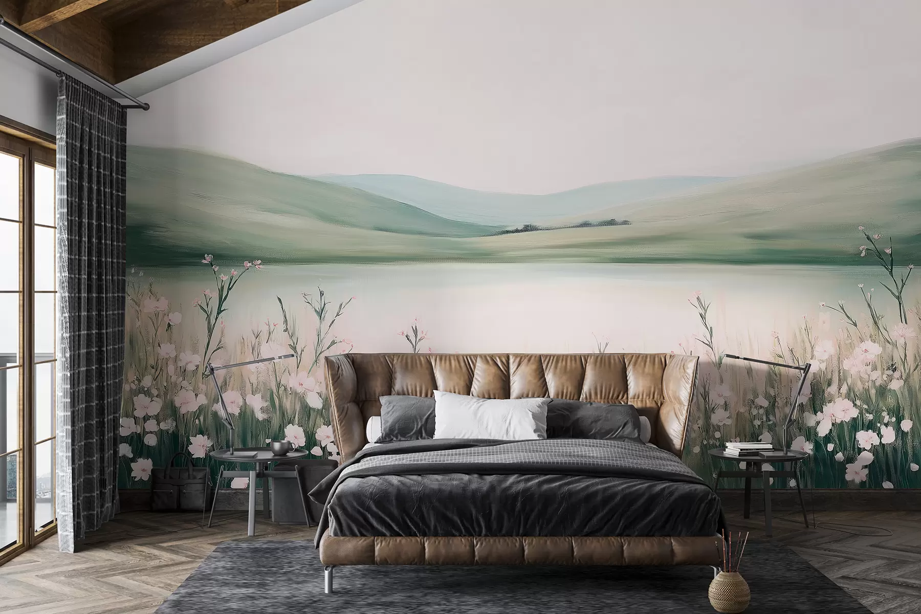 wall murals Цветна ливада, пејзаж природе, језеро, розе цвеће, зелена брда w01387