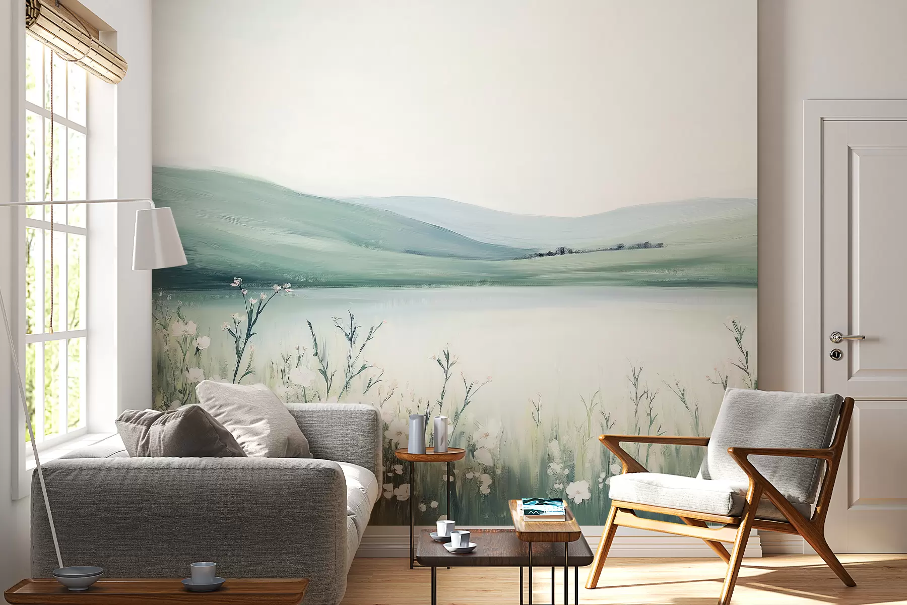 wall murals Цветна ливада, пејзаж природе, језеро, палета зелених и плавих боја w01387v1