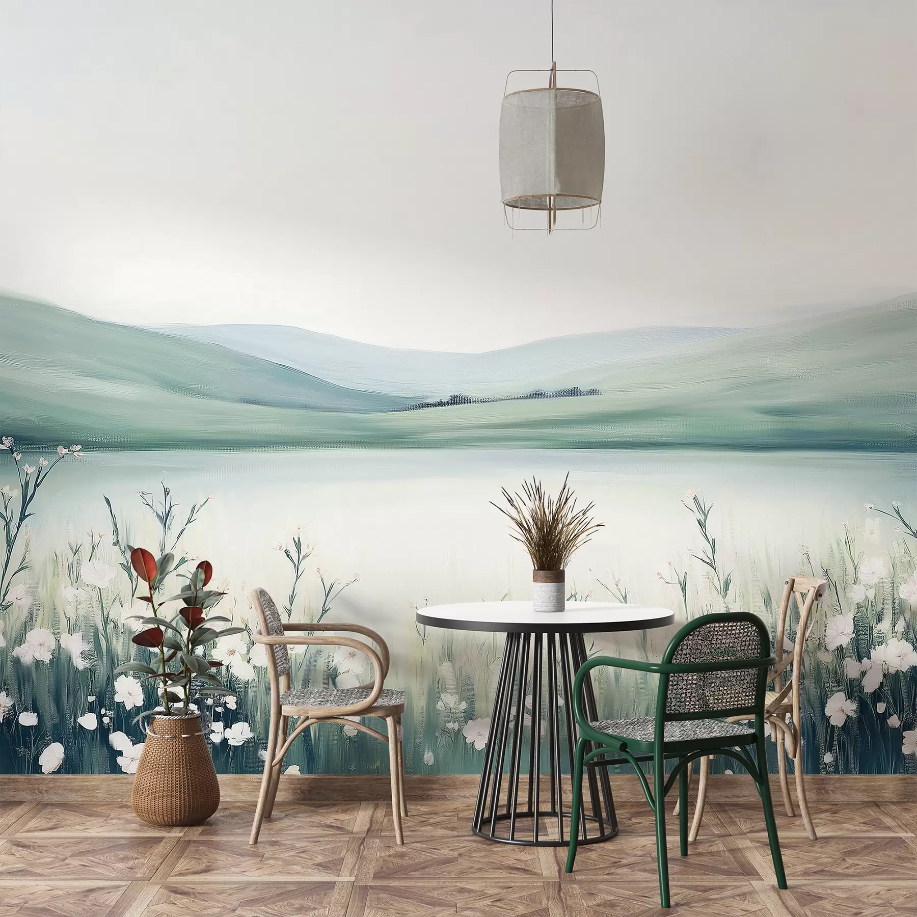 wall murals Цветна ливада, пејзаж природе, језеро, палета зелених и плавих боја w01387v1