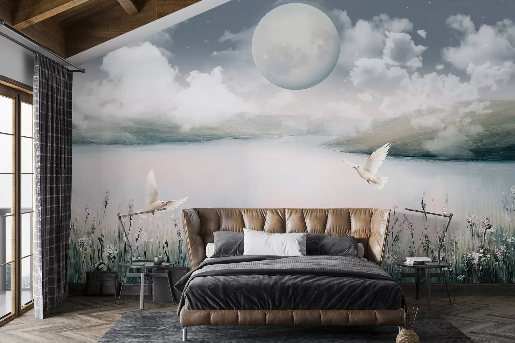 wall murals Прелеп пејзаж са језером, цветном ливадом, месецом на ноћном звезданом небу, птицама које лете, облацима w01389