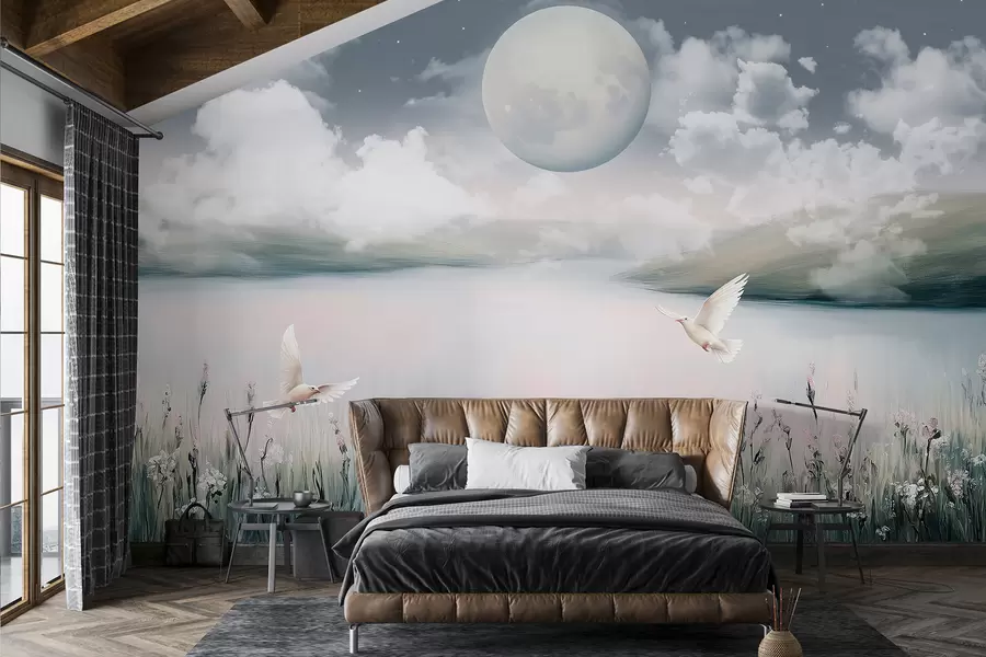 wall murals Прелеп пејзаж са језером, цветном ливадом, месецом на ноћном звезданом небу, птицама које лете, облацима w01389