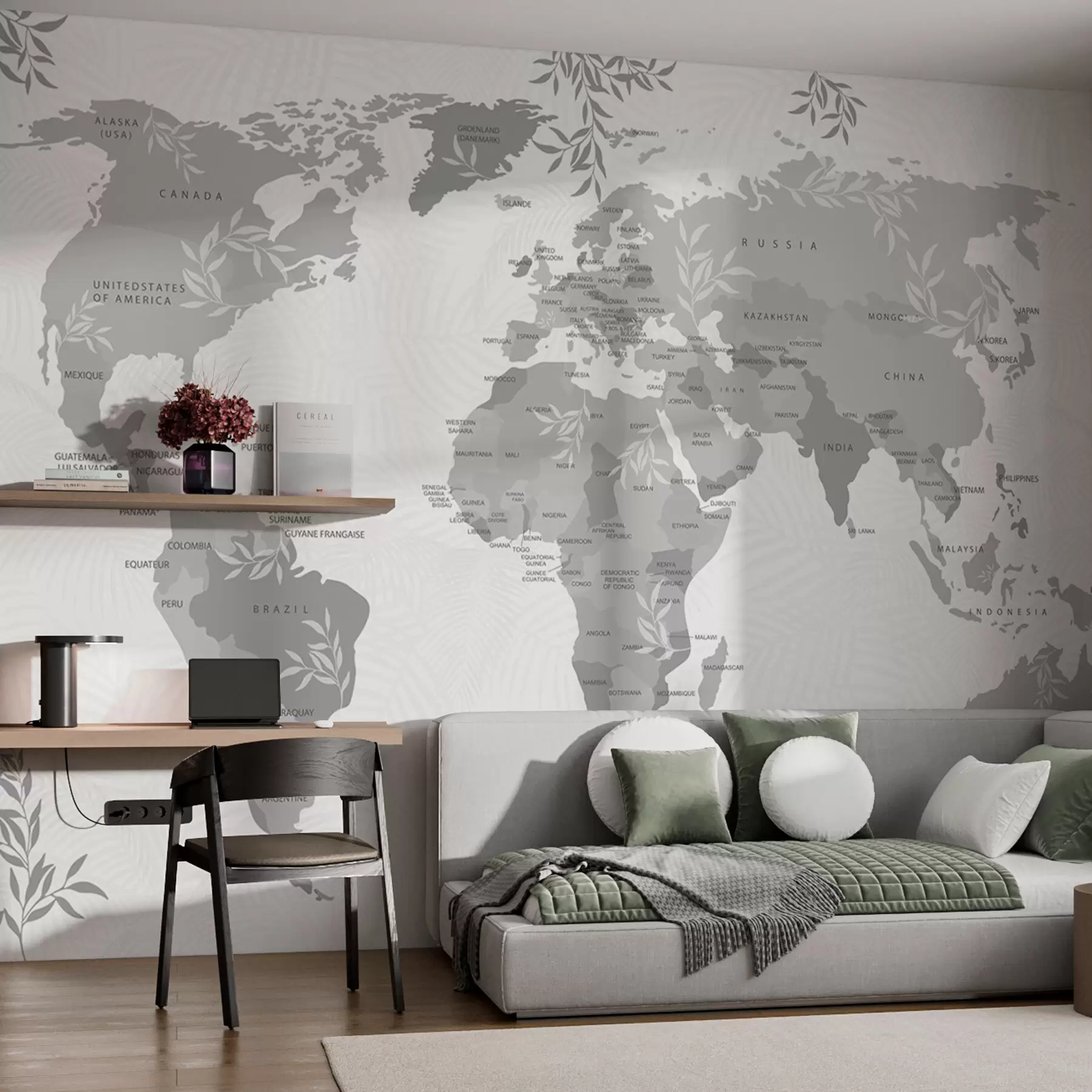 wall murals Елегантна мапа света са лишћем и биљкама сиве боје w08211v2