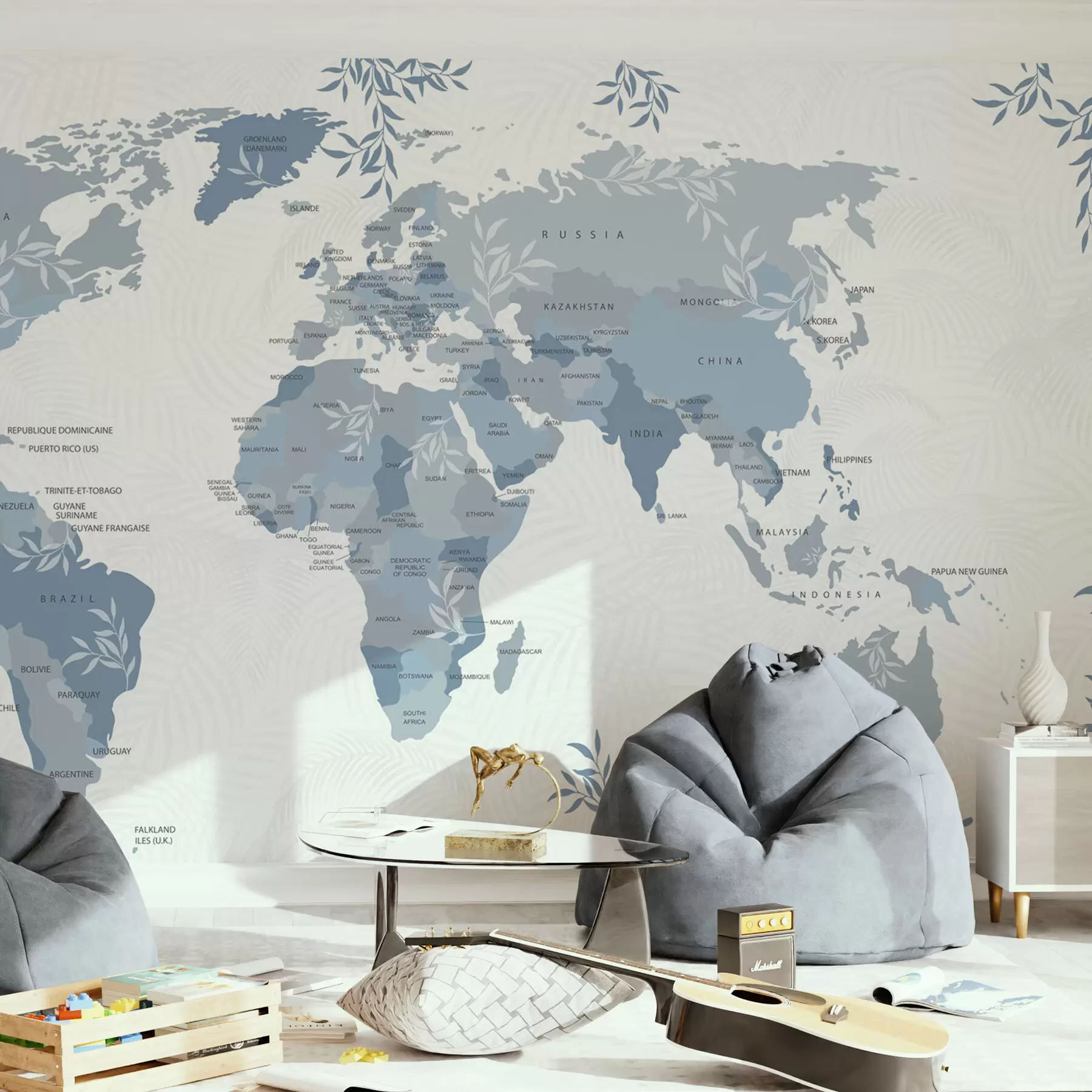 wall murals Елегантна мапа света са лишћем и биљкама плаве боје w08211v4