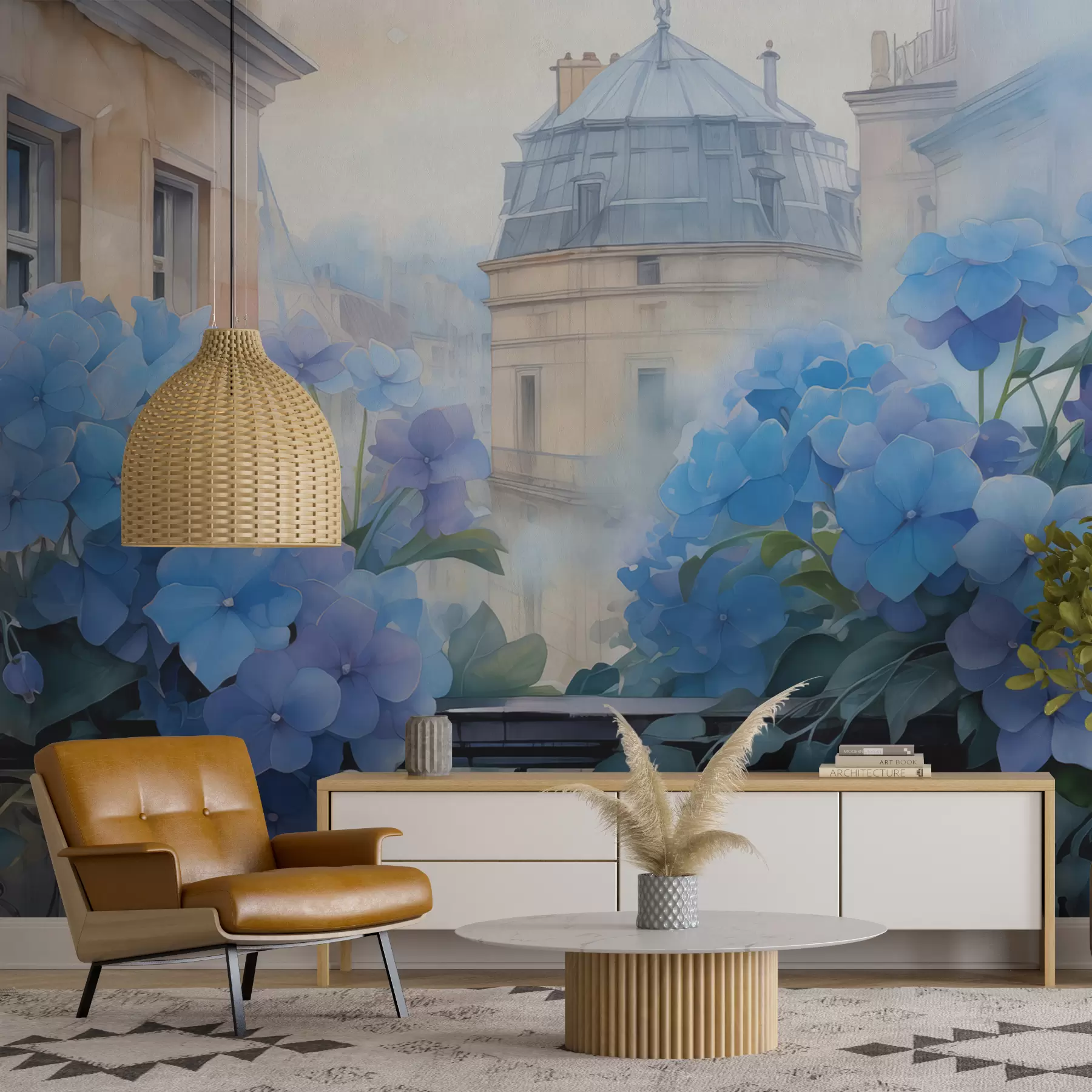 wall murals Плава хортензија цвета на балкону са погледом на акварел w01439
