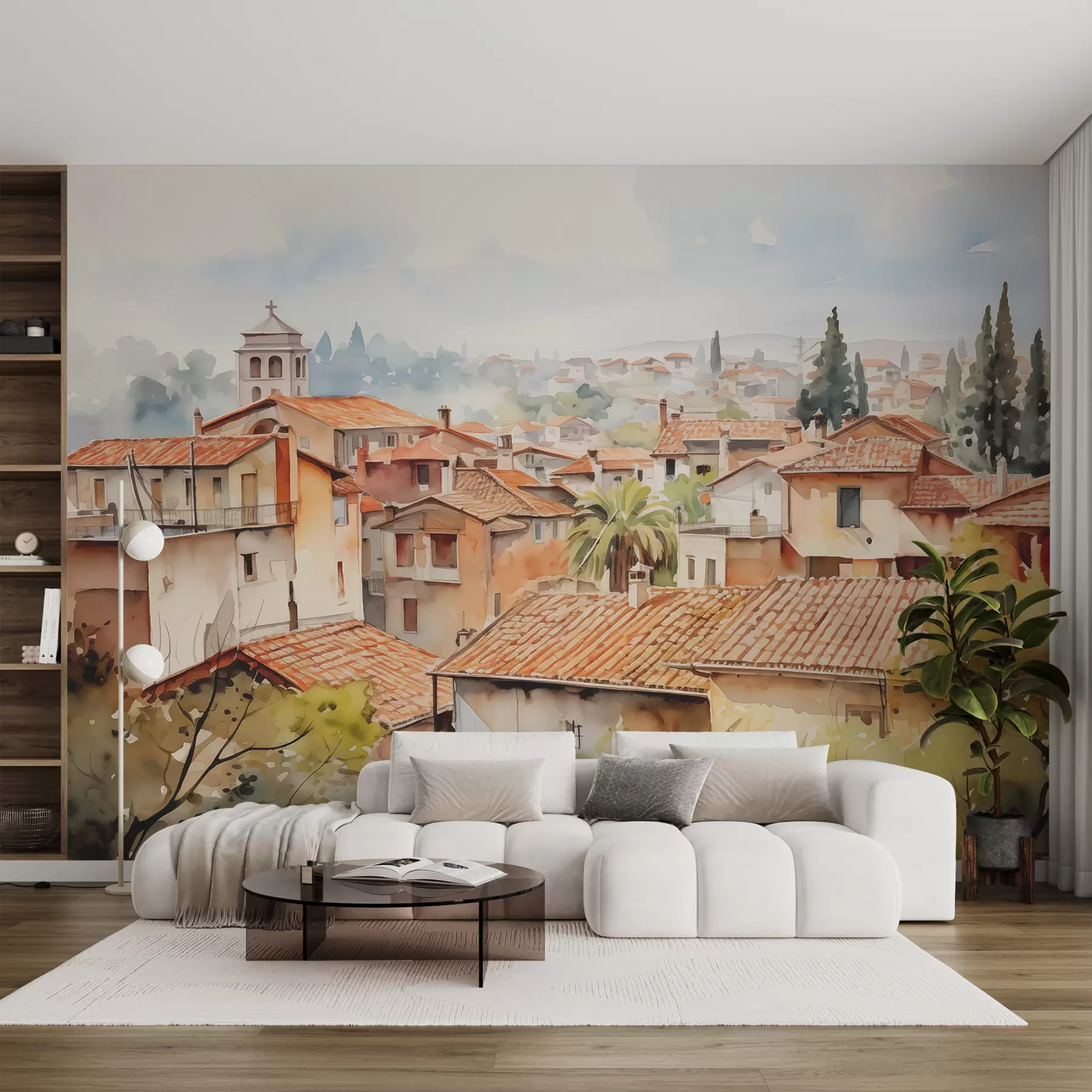 wall murals Кровови кућа у селу наспрам неба акварел w01440