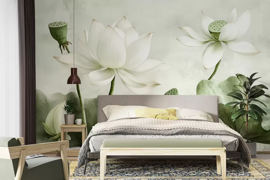 wall murals Цвеће лотоса, акварел, природа, цветна композиција, велико лишће, нежне зелене боје w01445v2