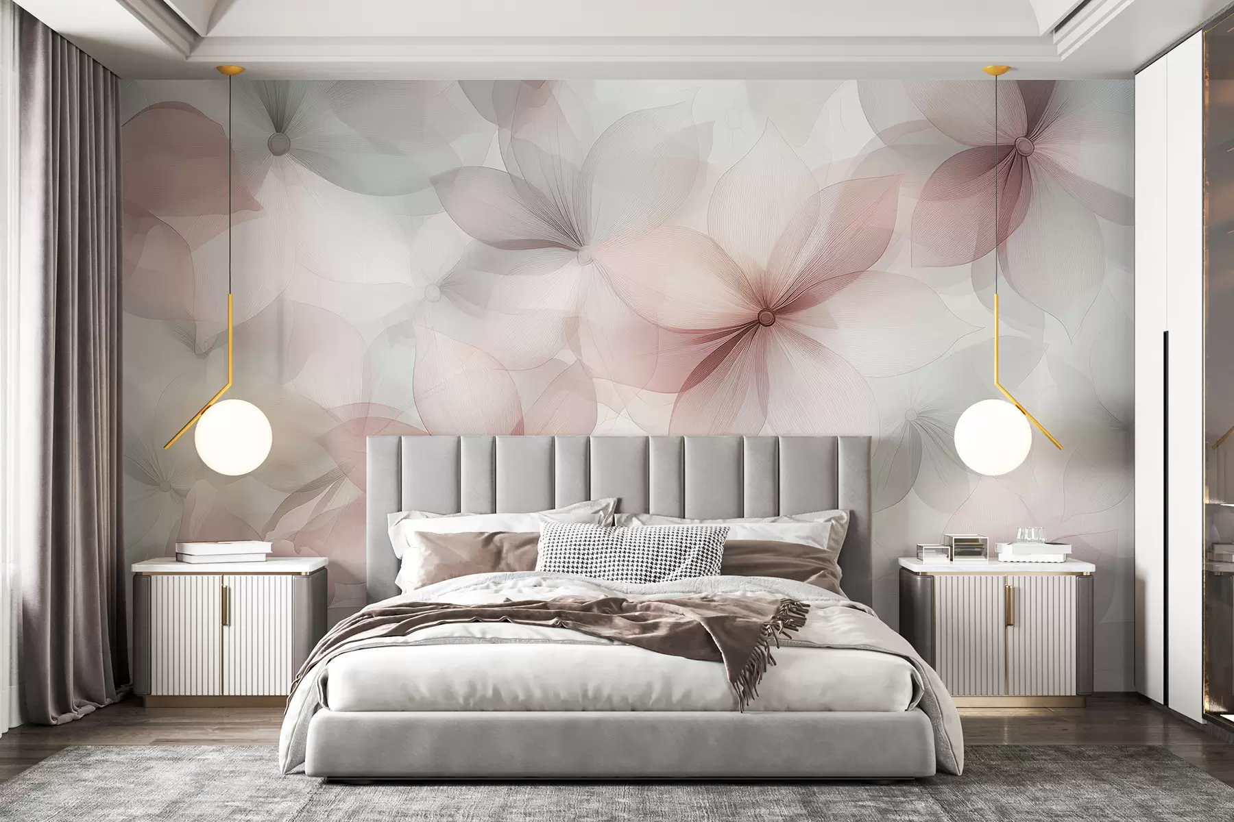 wall murals Цветна композиција, нежно розе и сиве боје, цветни узорак w01446v1