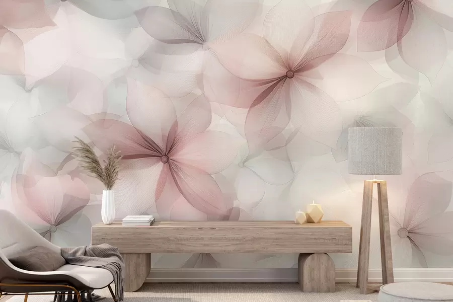wall murals Цветна композиција, нежно розе и сиве боје, цветни узорак w01446v1