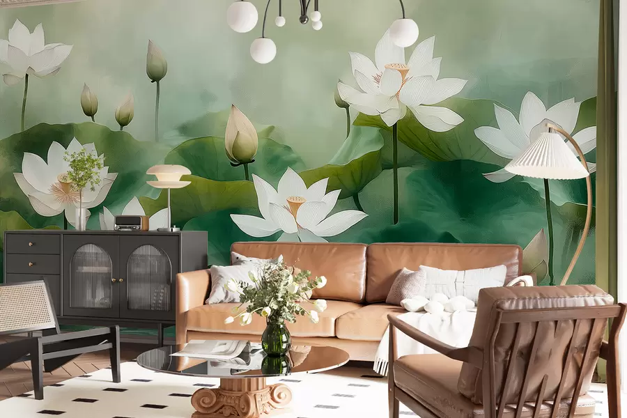 wall murals Лотоси у језеру, природа, магла, акрилни цртеж, велико лишће, џунгла, нежне природне боје w01450