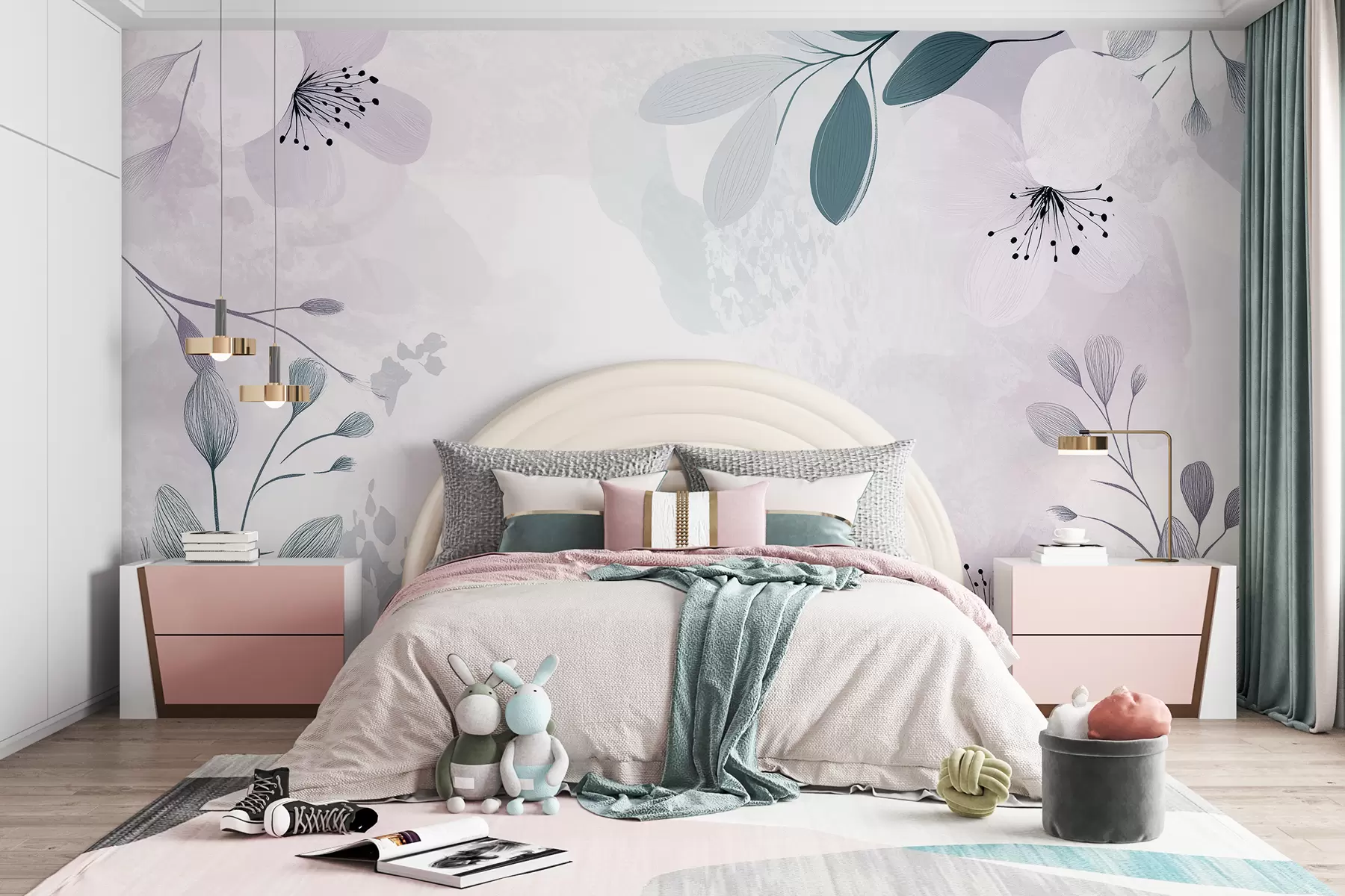 wall murals Апстрактни цветни цртеж, природа, велико цвеће, мека пастелна, љубичаста палета боја w01451