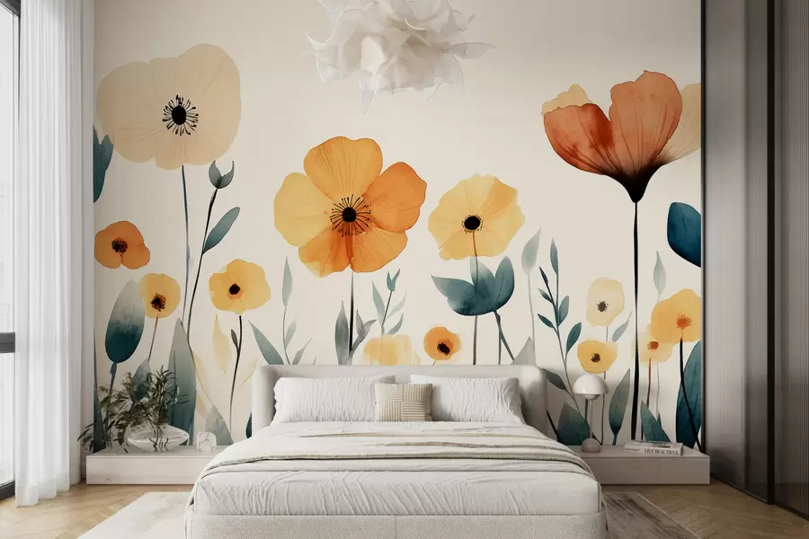 wall murals Акварел ливадско цвеће, рустикална, цветна композиција, једноставан цртеж, беж, наранџаста, плава w01453