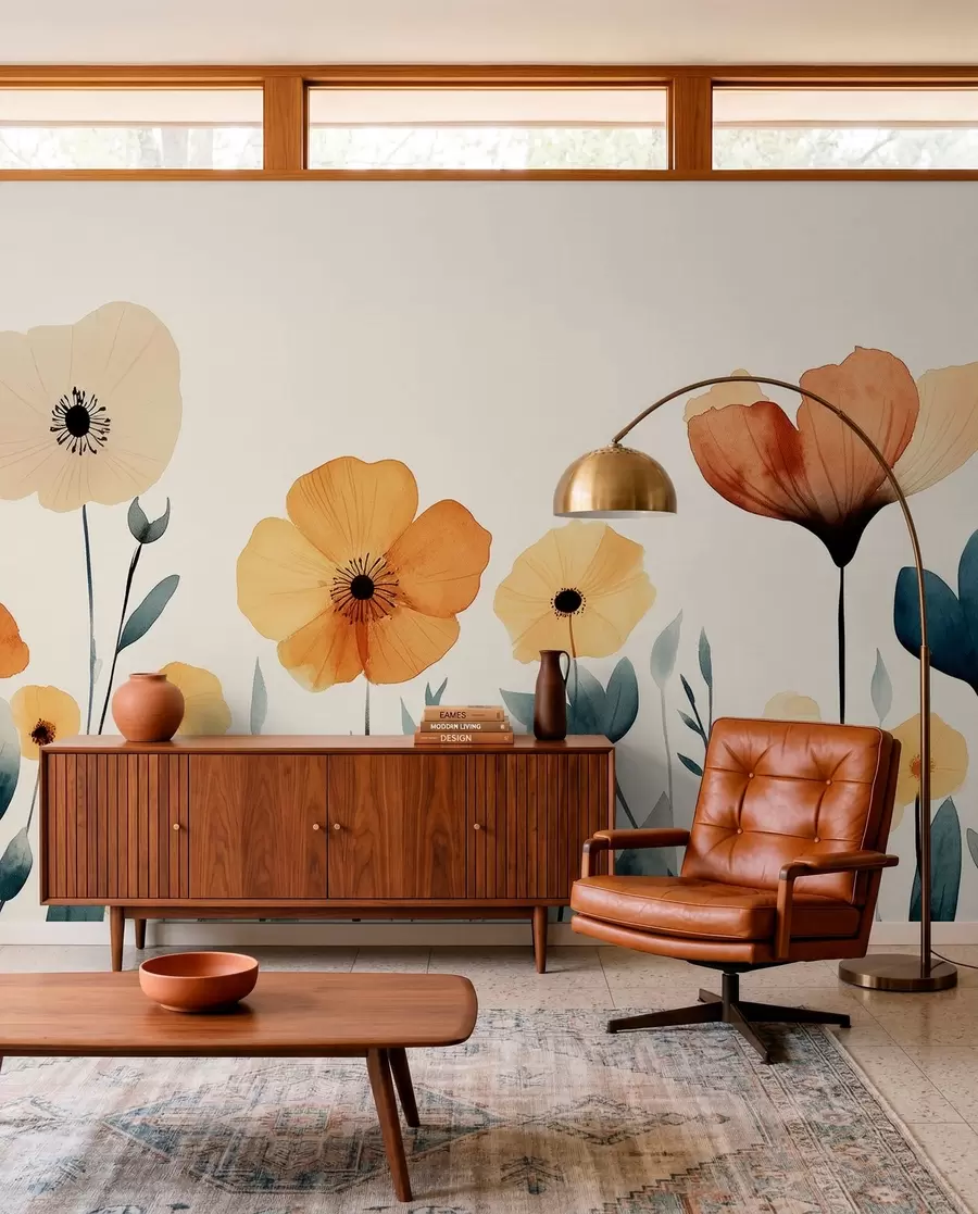 wall murals Акварел ливадско цвеће, рустикална, цветна композиција, једноставан цртеж, беж, наранџаста, плава w01453