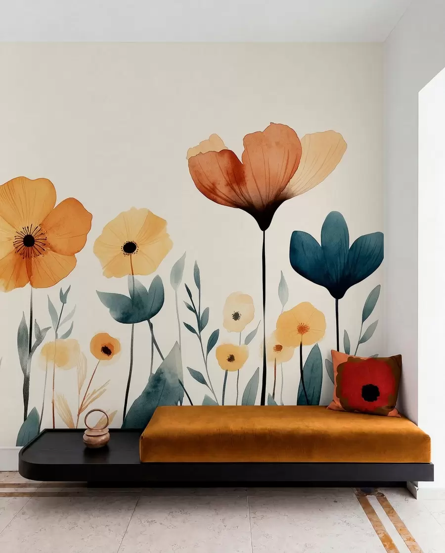 wall murals Акварел ливадско цвеће, рустикална, цветна композиција, једноставан цртеж, беж, наранџаста, плава w01453