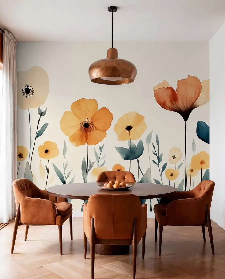 wall murals Акварел ливадско цвеће, рустикална, цветна композиција, једноставан цртеж, беж, наранџаста, плава w01453