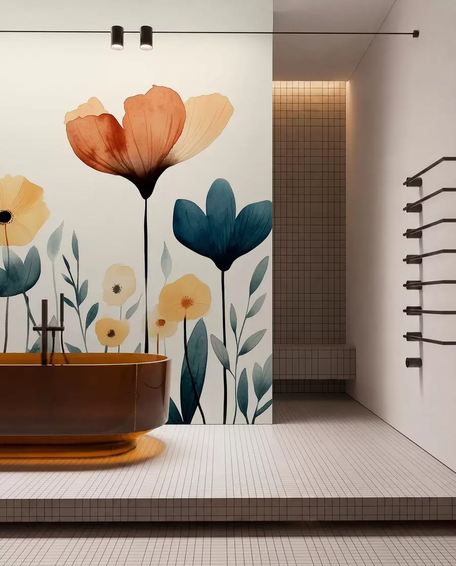 wall murals Акварел ливадско цвеће, рустикална, цветна композиција, једноставан цртеж, беж, наранџаста, плава w01453