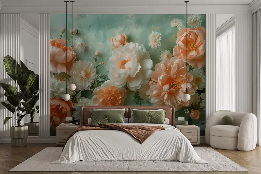 wall murals Мека композиција божура и хризантема на смарагдној позадини w01426