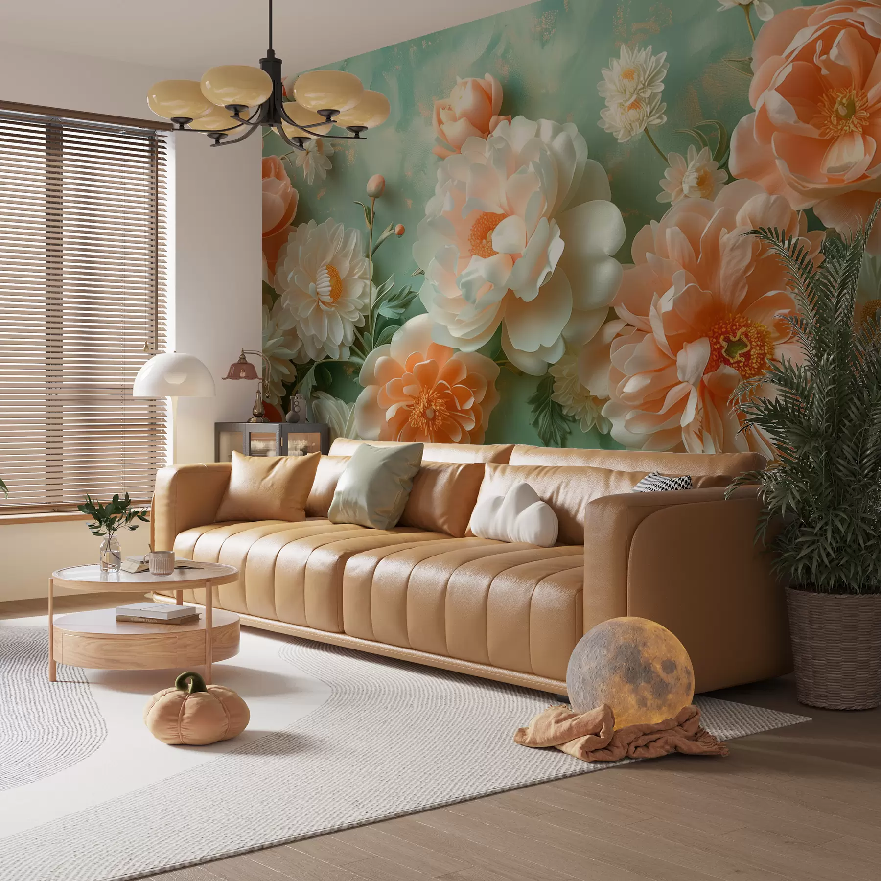 wall murals Мека композиција божура и хризантема на смарагдној позадини w01426