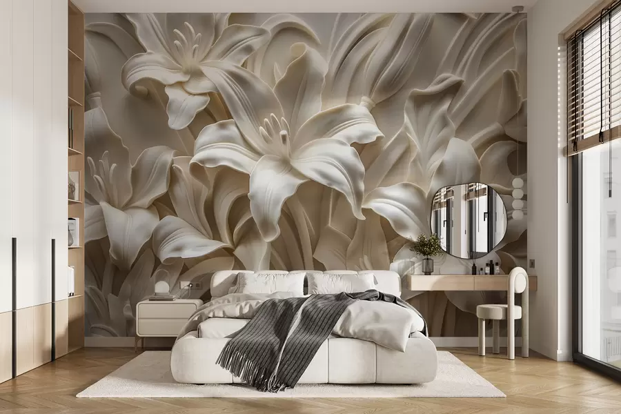wall murals Елегантан беж 3д рељеф изрезбарених љиљана w01433