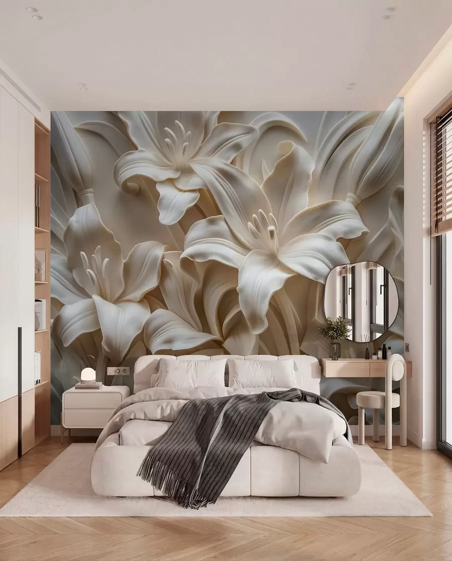 wall murals Елегантан беж 3д рељеф изрезбарених љиљана w01433