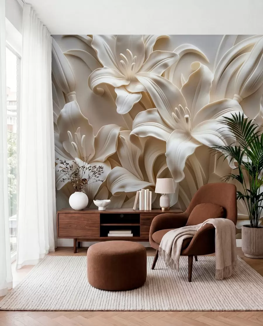 wall murals Елегантан беж 3д рељеф изрезбарених љиљана w01433