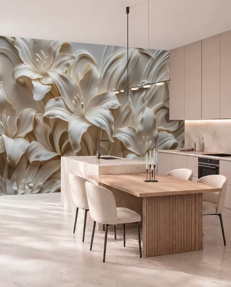 wall murals Елегантан беж 3д рељеф изрезбарених љиљана w01433