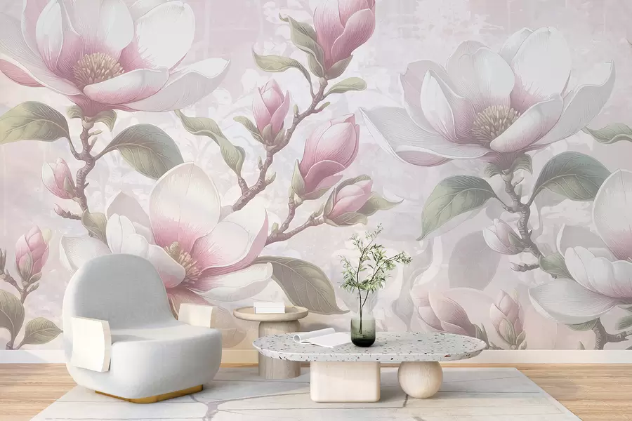 wall murals Нежни ружичасти цветови магнолије у пуном цвету на мекој, замућеној позадини w08216