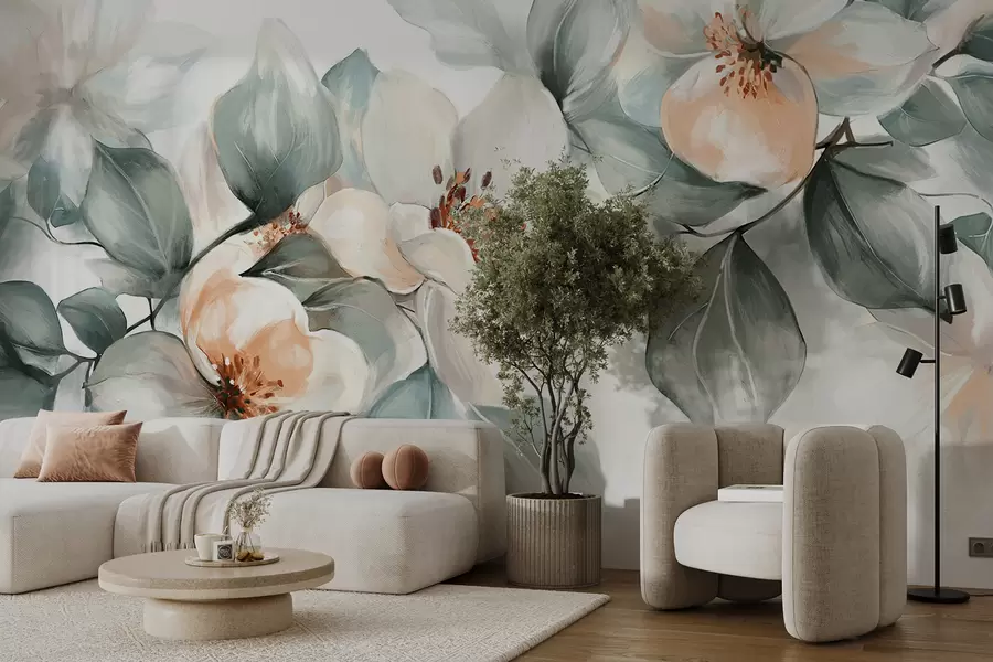 wall murals Деликатни бели и ружичасти цветови магнолије са меким зеленим листовима на светлој позадини w08220