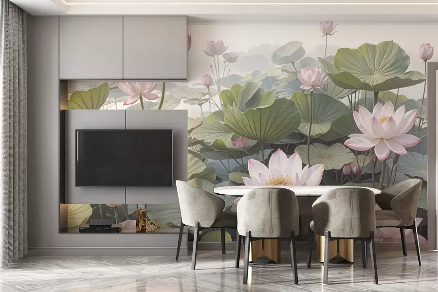 wall murals Ружичасти и бели лотосови цветови са великим зеленим листовима, окружени магловитом, атмосферском позадином w08221