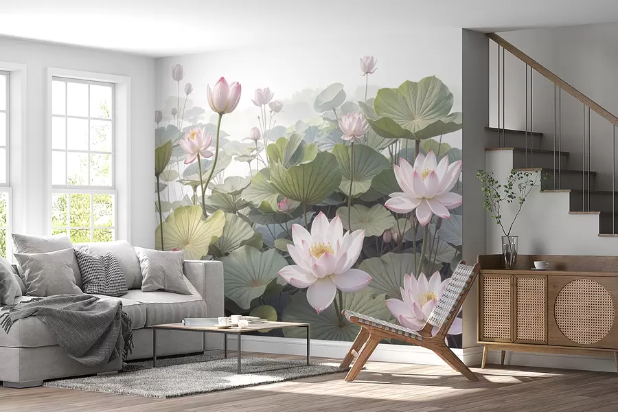 wall murals Ружичасти и бели лотосови цветови са великим зеленим листовима, окружени магловитом, атмосферском позадином w08221