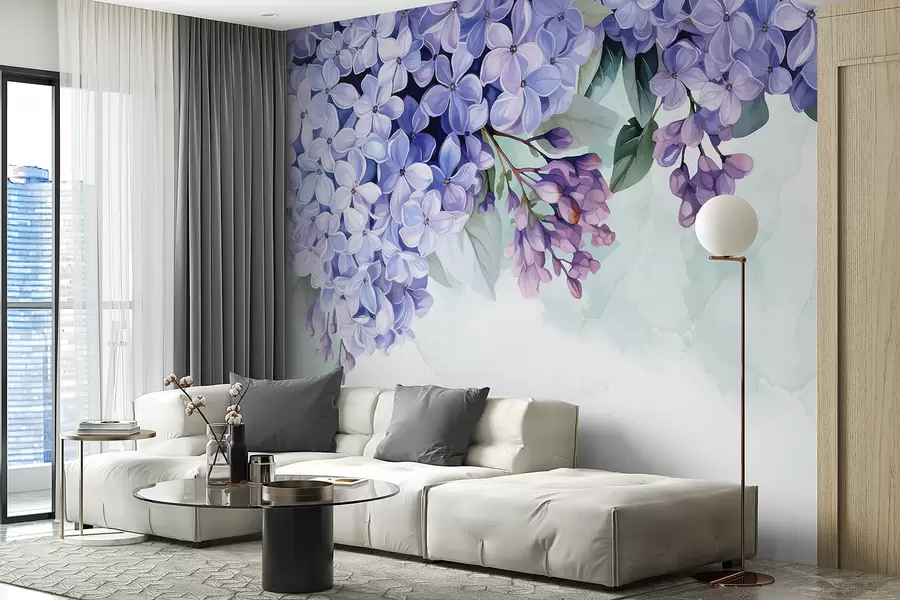 wall murals Живољубичасти цветови хортензије са зеленим листовима, испуњавају оквир на мекој, замућеној позадини w08223