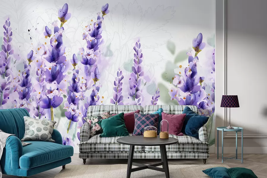 wall murals Љубичасто цвеће лаванде у пољу, са меким фокусом и замућеном позадином w08231