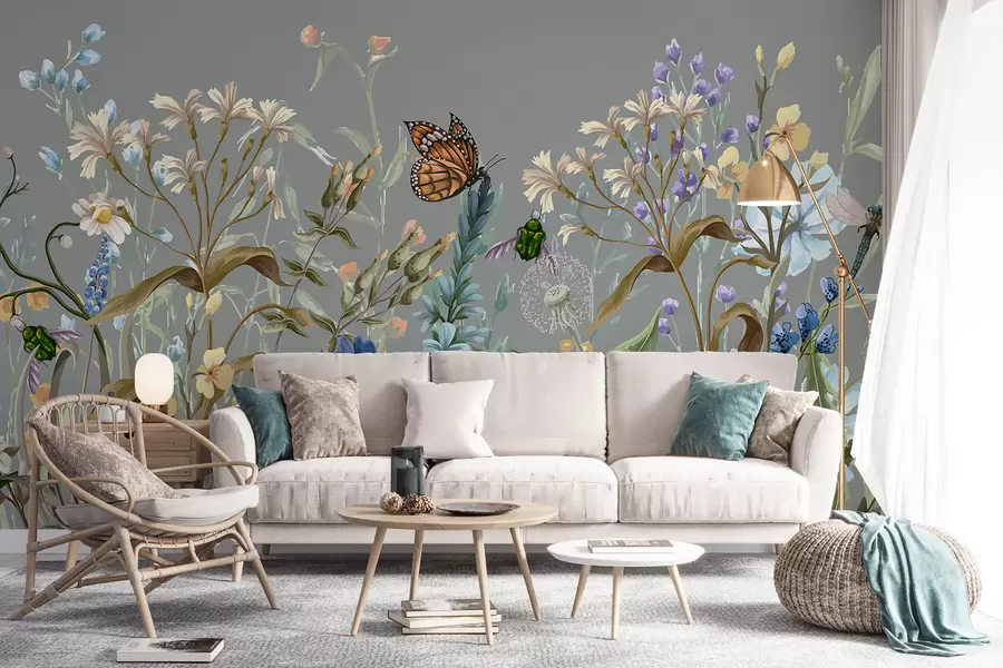 wall murals Шарена плава илустрација бујне, цветне баште са инсектима у фантастичном стилу из снова w08234