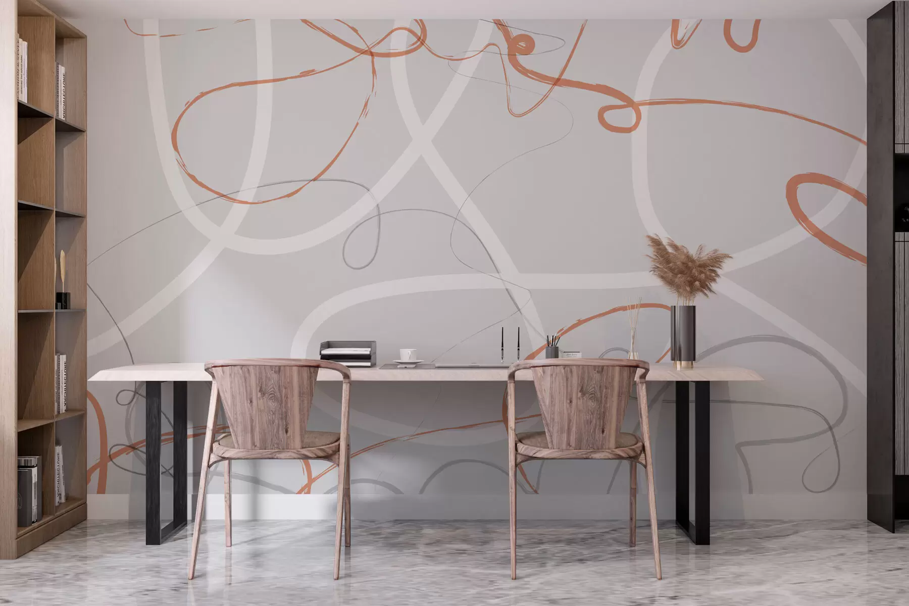 wall murals Апстрактне наранџасте линије на сивој позадини w01455