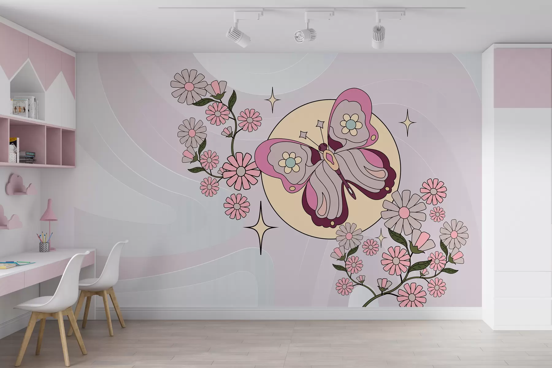 wall murals тапета са ружичастим лептиром на светло сиво-розе позадини међу цвећем у једноставном стилу за девојачку собу w00985
