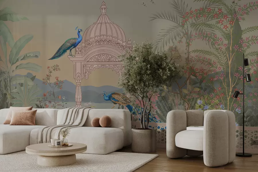 wall murals зидни мурал са панорамским погледом на језеро, тропску башту са видиковцем и пауновима у деликатним зеленим и беж тоновима, са текстурираним платном w00986