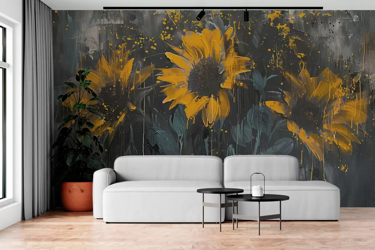 wall murals Апстрактна слика сунцокрета, тамно сиве позадине и жутих тонова w01480