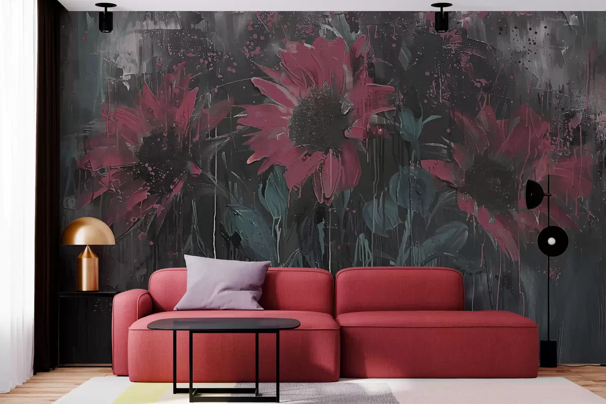 wall murals Апстрактна слика сунцокрета, тамно сива позадина и црвено-ружичасти тонови w01480v1