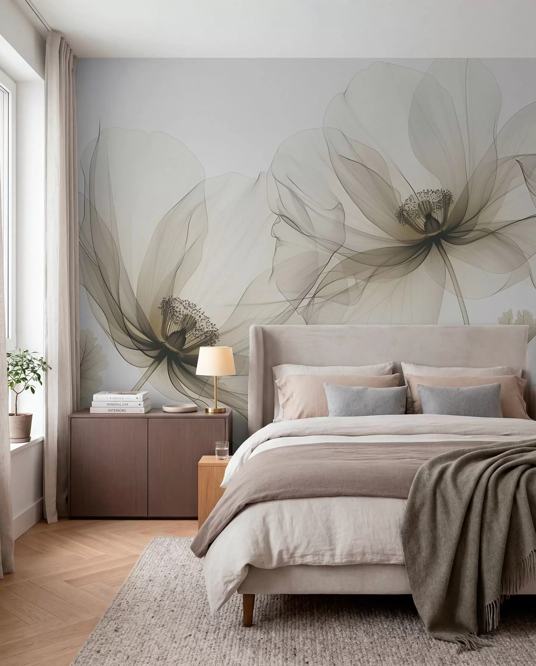 wall murals Смеђи провидни цвет у рендгенском стилу на белој позадини Минималистички једнобојни ботанички дизајн w01482v2