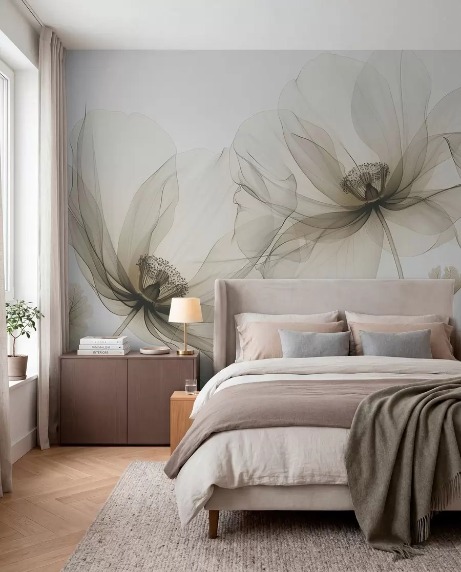 wall murals Смеђи провидни цвет у рендгенском стилу на белој позадини Минималистички једнобојни ботанички дизајн w01482v2
