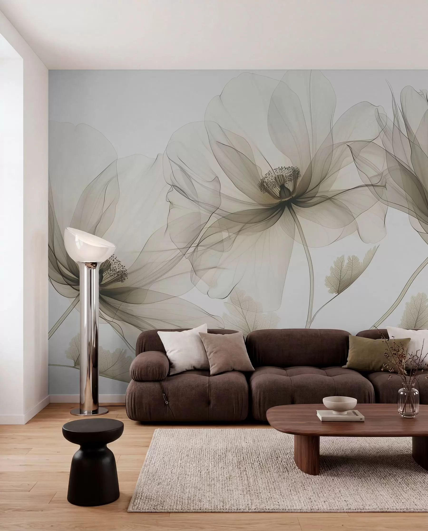 wall murals Смеђи провидни цвет у рендгенском стилу на белој позадини Минималистички једнобојни ботанички дизајн w01482v2