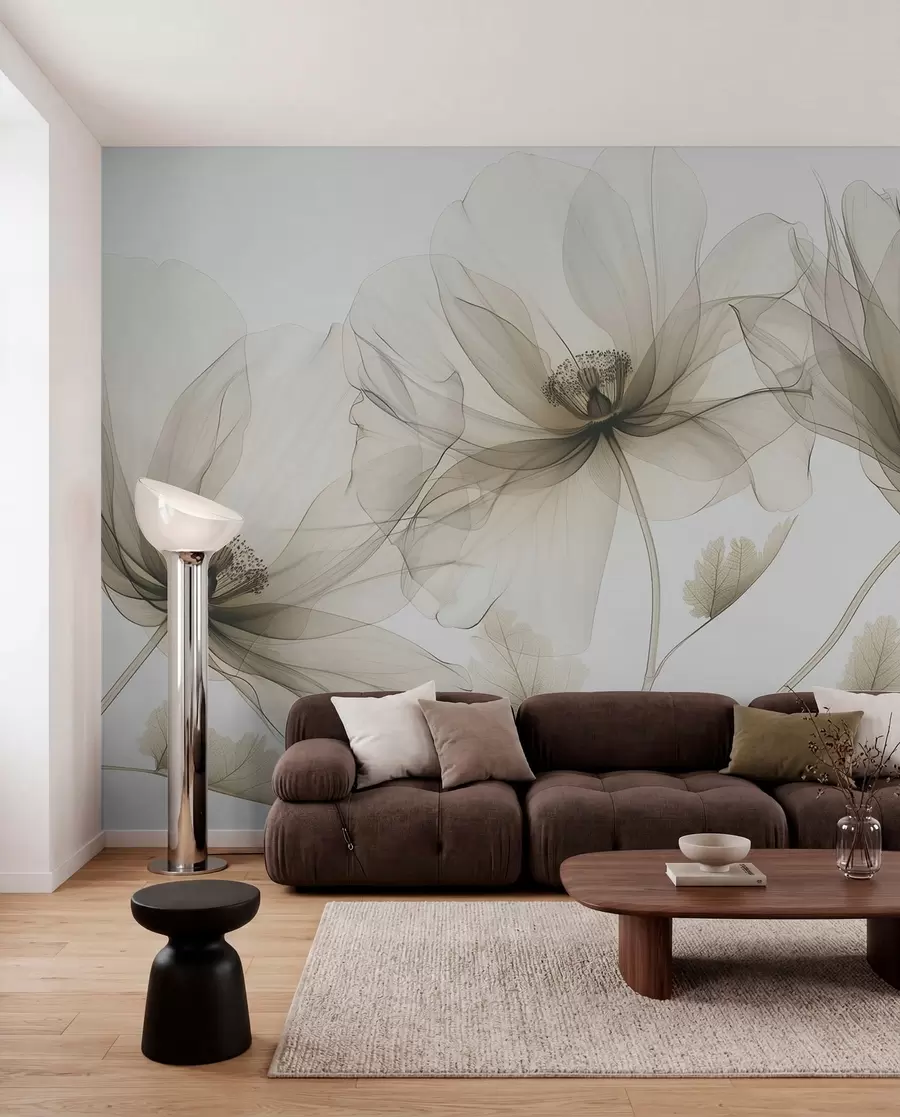 wall murals Смеђи провидни цвет у рендгенском стилу на белој позадини Минималистички једнобојни ботанички дизајн w01482v2