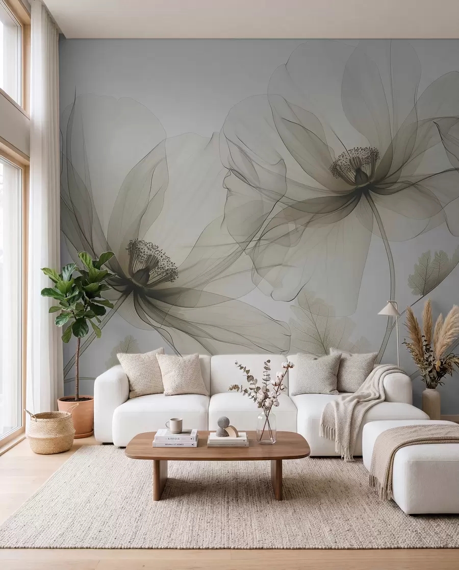 wall murals Смеђи провидни цвет у рендгенском стилу на белој позадини Минималистички једнобојни ботанички дизајн w01482v2