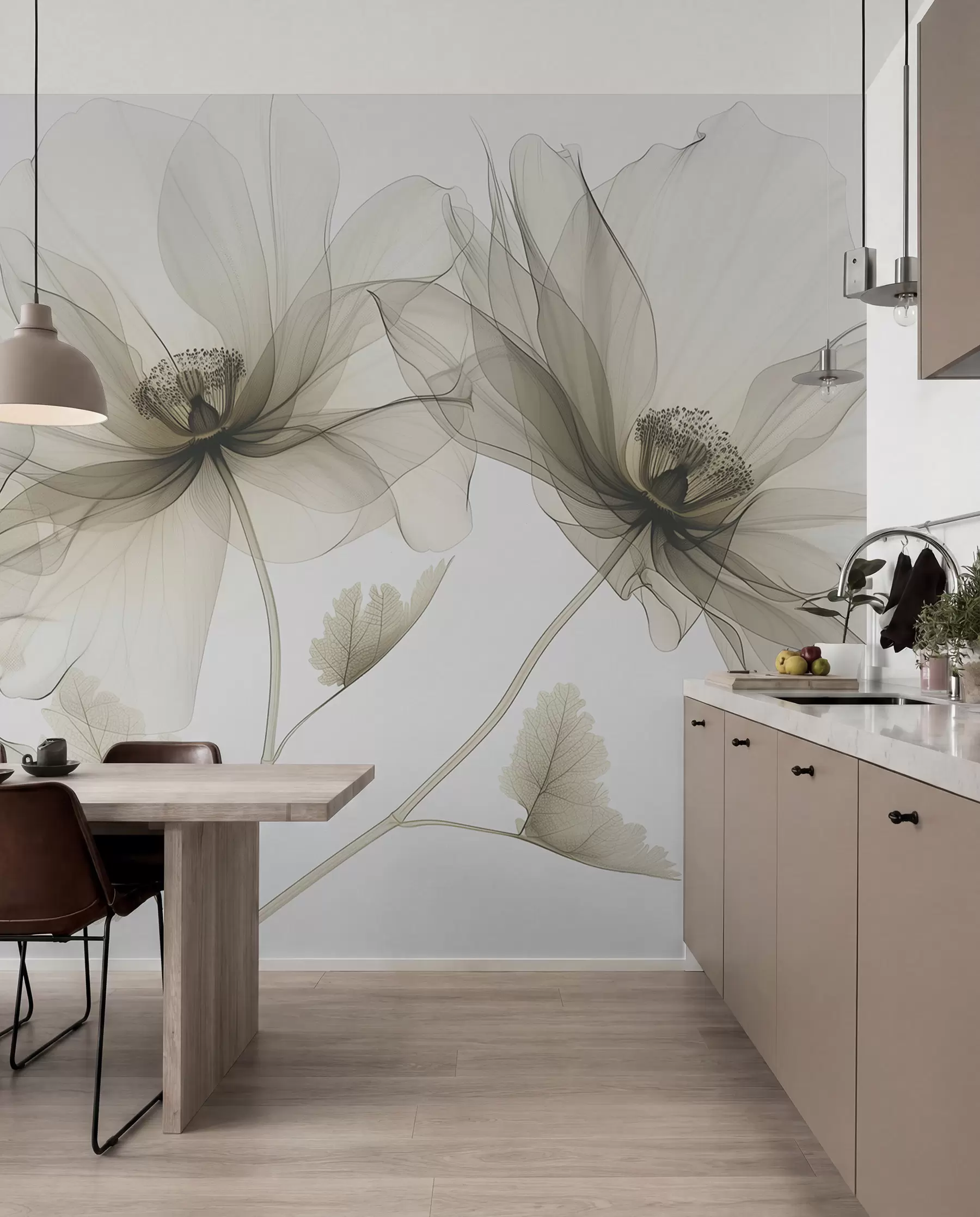 wall murals Смеђи провидни цвет у рендгенском стилу на белој позадини Минималистички једнобојни ботанички дизајн w01482v2