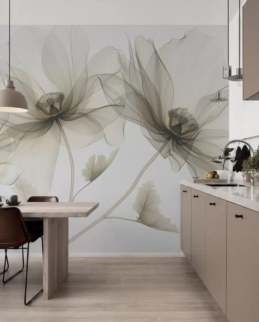 wall murals Смеђи провидни цвет у рендгенском стилу на белој позадини Минималистички једнобојни ботанички дизајн w01482v2