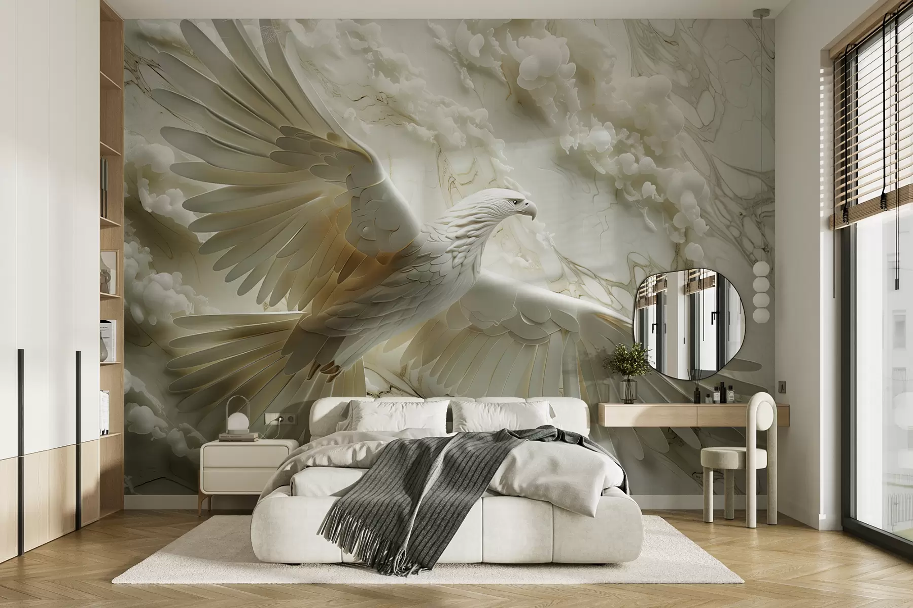 wall murals 3Д бели орао на позадини облака и мермера w01477