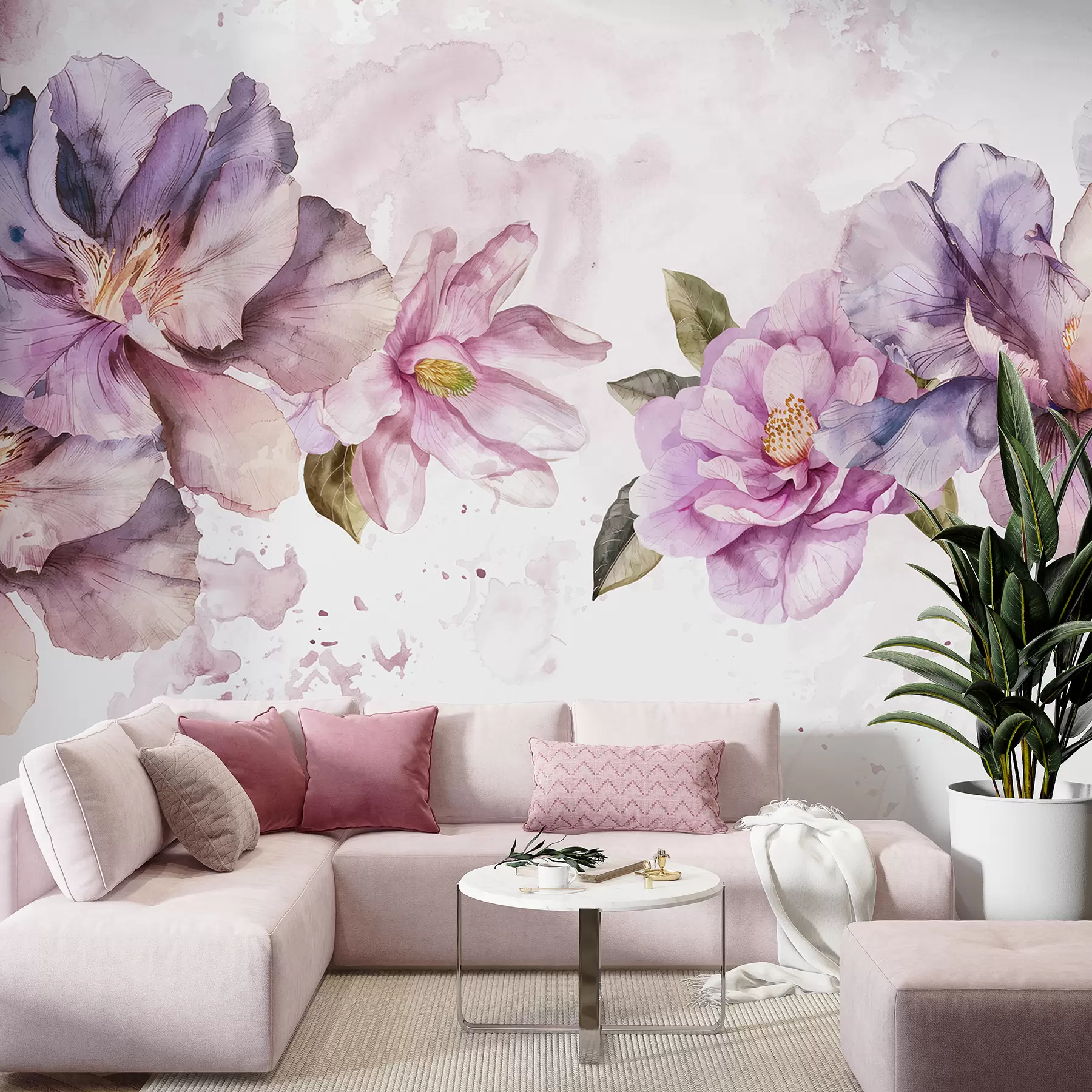 wall murals Нежно розе и љубичасто акварел цвеће са меким латицама и зеленим листовима на светлој позадини w08238