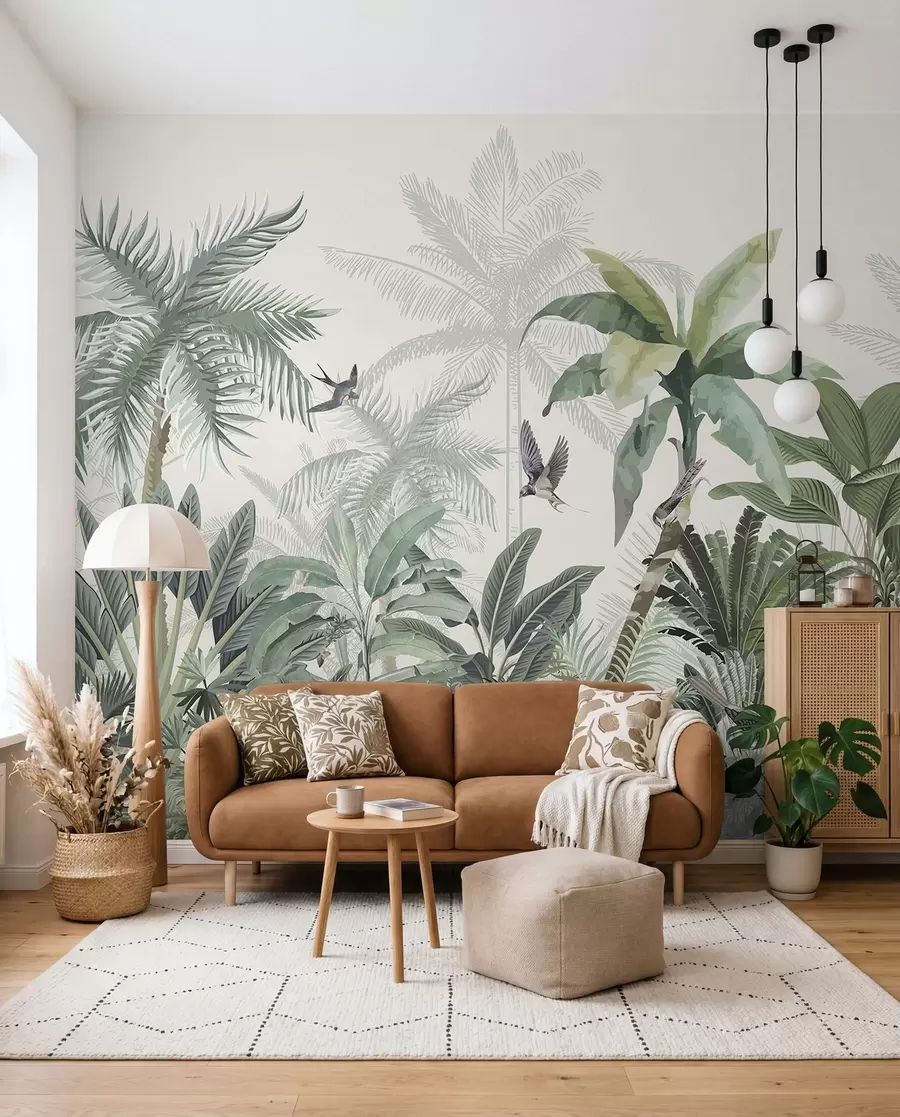 wall murals Бујна сцена тропске џунгле са разним палмама, великим лишћем и шареним цвећем у првом плану w08239
