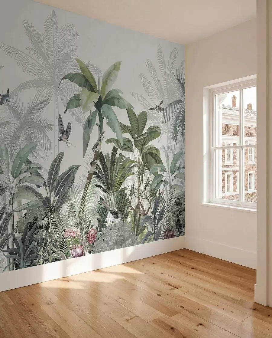 wall murals Бујна сцена тропске џунгле са разним палмама, великим лишћем и шареним цвећем у првом плану w08239